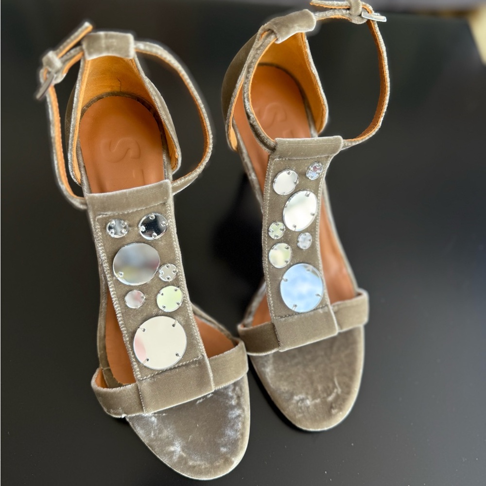 STAUD Elegant Embellished Velvet Sandals in Tan